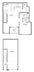 One-bedroom apartment floor plan with open living area, kitchen with island seating, in-unit laundry, full bath, private patio, and attached garage below.
