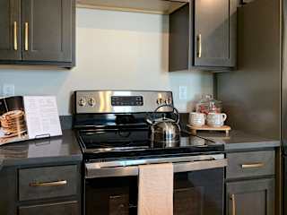 a kitchen with black cabinets and stainless steel appliances