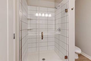 A bathroom with a tiled walk-in shower with a glass door.