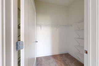 A walk in closet with a brown carpet and white wire shelves.