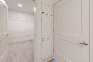 Open door revealing a spacious closet with beige carpet and empty wire shelving. White walls and cabinetry create a clean, minimalist feel.