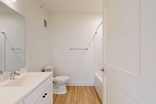 A white bathroom with a toilet, sink, and a shower.