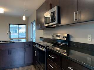 Dark brown kitchen cabinets with matching stainless steel appliances at the villas at mahoney park