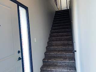 A staircase with a carpeted runner and a black handrail.