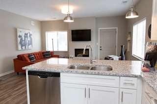 A kitchen with a granite countertop and a stainless steel dishwasher.