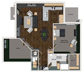 A floor plan of a one bedroom apartment with a kitchen, dining room, living room, den, and bathroom.