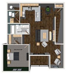 A floor plan of a one bedroom apartment with a living room, dining room, kitchen, and laundry.