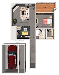 A floor plan of a one bedroom villa with a garage and a car.