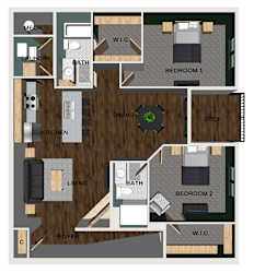 A floor plan of an apartment with two bedrooms, a living room, a dining room, a kitchen, a laundry room, and two bathrooms.