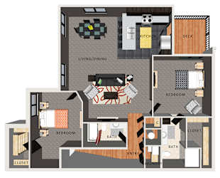 A floor plan of a two bedroom apartment with a kitchen, living room, dining room, two bathrooms, a closet, and an entry/laundry area.