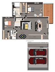 A floor plan of a villa with a garage attached below.