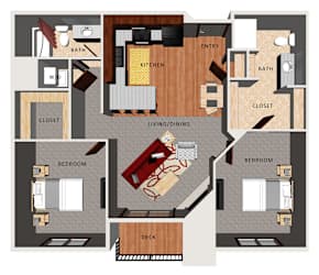 A floor plan of an apartment with two bedrooms, a kitchen, a living room, and a deck.