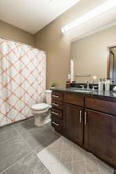A bathroom with a toilet, sink, and shower curtain.