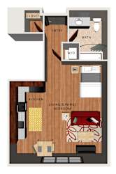 A floor plan of a studio apartment with a kitchen, living room, and sleeping space.
