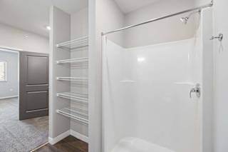 A white bathroom with a walk-in shower and a pantry.