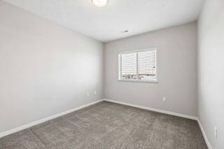 Bright apartment bedroom with carpeted flooring, neutral walls, and a window with blinds providing natural light.
