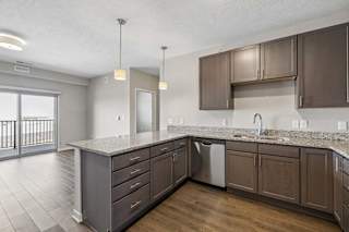 Open-concept apartment kitchen with dark cabinetry, granite-look countertops, a peninsula breakfast bar, stainless steel appliances, and wood-style flooring flowing into the living area.