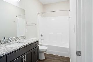 a bathroom with granite countertop sink and a shower