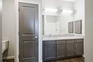 a bathroom with a double vanity sink, a medicine cabinet, and a storage closet