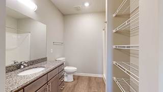 a bathroom with a walk-in shower, a large vanity sink, and built-in shelving