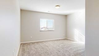 a bedroom with a window and carpeting