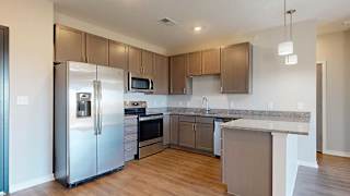 a kitchen with stainless steel appliances, grey wooden cabinets, and a peninsula countertop