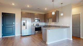 a kitchen with grey cabinets and granite countertops featuring stainless steel appliances