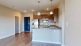 a kitchen with grey wooden cabinets next to an entry way with a coat closet