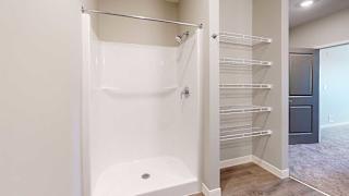 a bathroom with a walk-in shower and built-in shelving