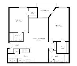 a floor plan of an apartment with two bedrooms and a living room
