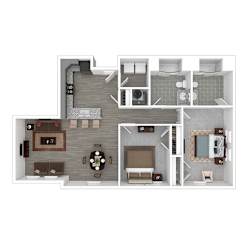 A floor plan of a house with a living room, kitchen, and bathrooms.