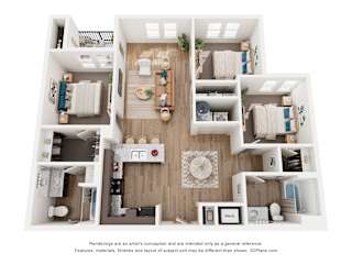 A 3D floor plan of a house with a kitchen, living room, and two bedrooms.