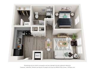 A 3D floor plan of a small apartment with a kitchen, living room, and bedroom.