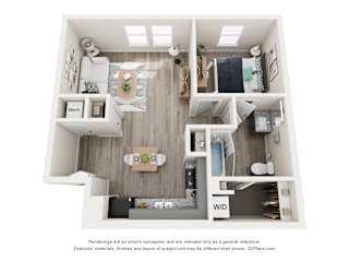 A 3D floor plan of a small apartment with a kitchen, living room, and bedroom.