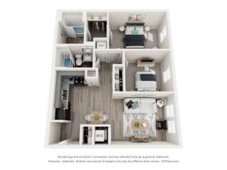 A 3D floor plan of a small apartment with a kitchen, living room, and bathroom.