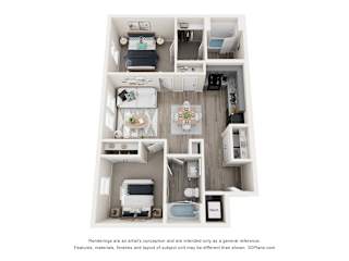 A 3D floor plan of a small apartment with a kitchen, living room, and bedroom.