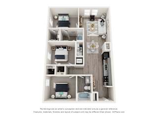 A 3D floor plan of a small apartment with a kitchen, living room, and two bedrooms.