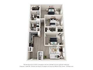 A 3D floor plan of a small apartment with a kitchen, living room, and bathroom.