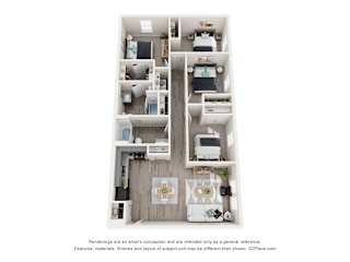 A 3D floor plan of a small apartment with a kitchen, living room, and bedroom.