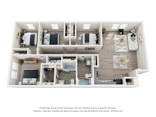 A 3D floor plan of a small apartment with a kitchen, living room, and two bedrooms.