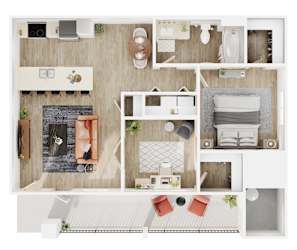 A top-down view of a well-organized apartment with a living area, kitchen, and bedroom.