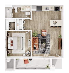 A top-down view of a modern apartment with a kitchen, living room, and bathroom.