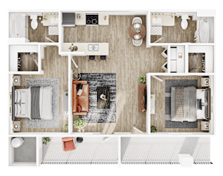A top-down view of a house layout with a living room, kitchen, and bathrooms.