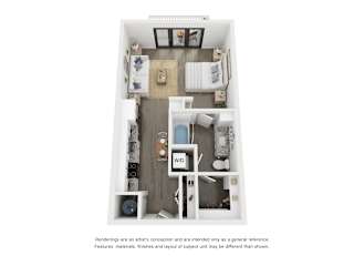 a stylized floor plan with a bedroom and a living room