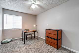 an office with a desk and a chair and a window