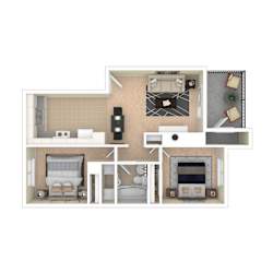 A 3D floor plan of a house showing a living room, kitchen, dining room, and bedrooms.