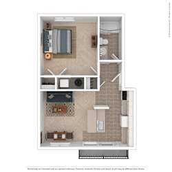 A floor plan of a small apartment with a kitchen, living room, and bathroom.