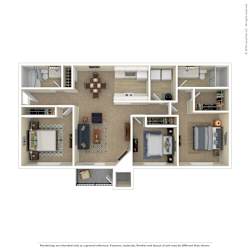 A floor plan of a house with a kitchen, living room, dining room, and bathrooms.