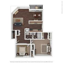 A floor plan of a house with a living room, kitchen, and two bedrooms.