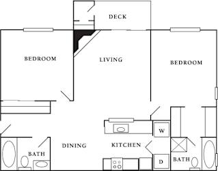 A black and white drawing of a house layout with a deck, two bedrooms, a living room, a dining room, a kitchen, and two bathrooms.